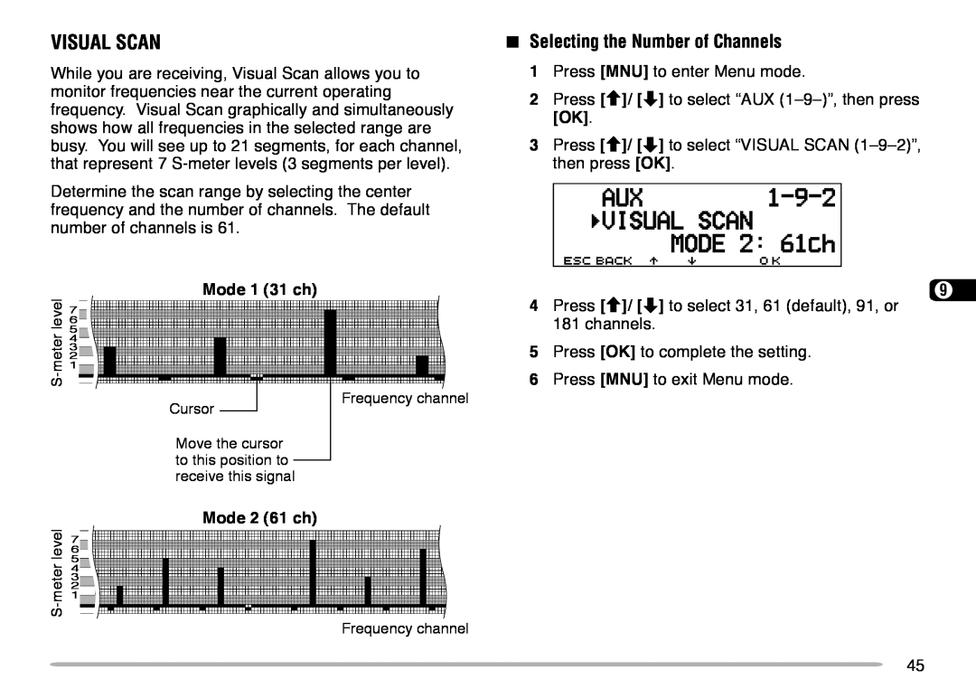 Kenwood TM-V708A instruction manual Visual Scan, Mode 1 31 ch, Mode 2 61 ch, Selecting the Number of Channels 