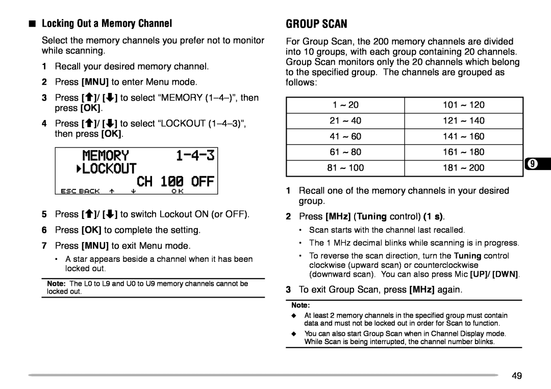 Kenwood TM-V708A instruction manual Group Scan, Locking Out a Memory Channel 