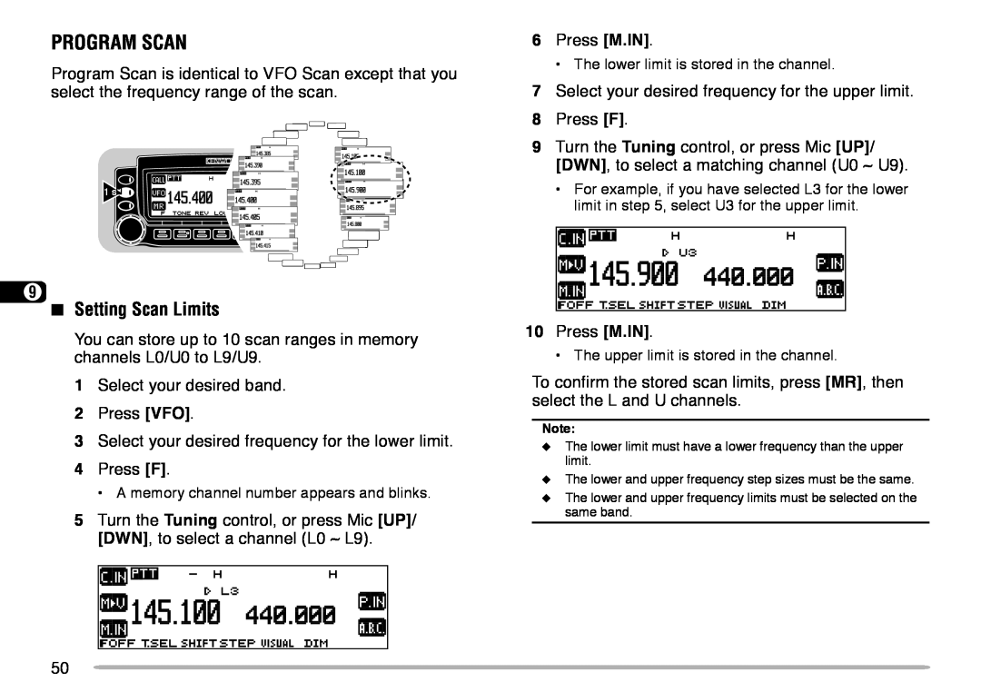 Kenwood TM-V708A instruction manual Program Scan, Setting Scan Limits 