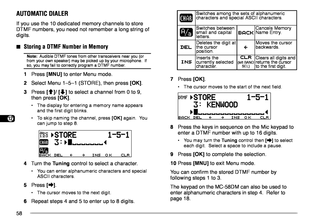 Kenwood TM-V708A instruction manual Automatic Dialer, Storing a DTMF Number in Memory 