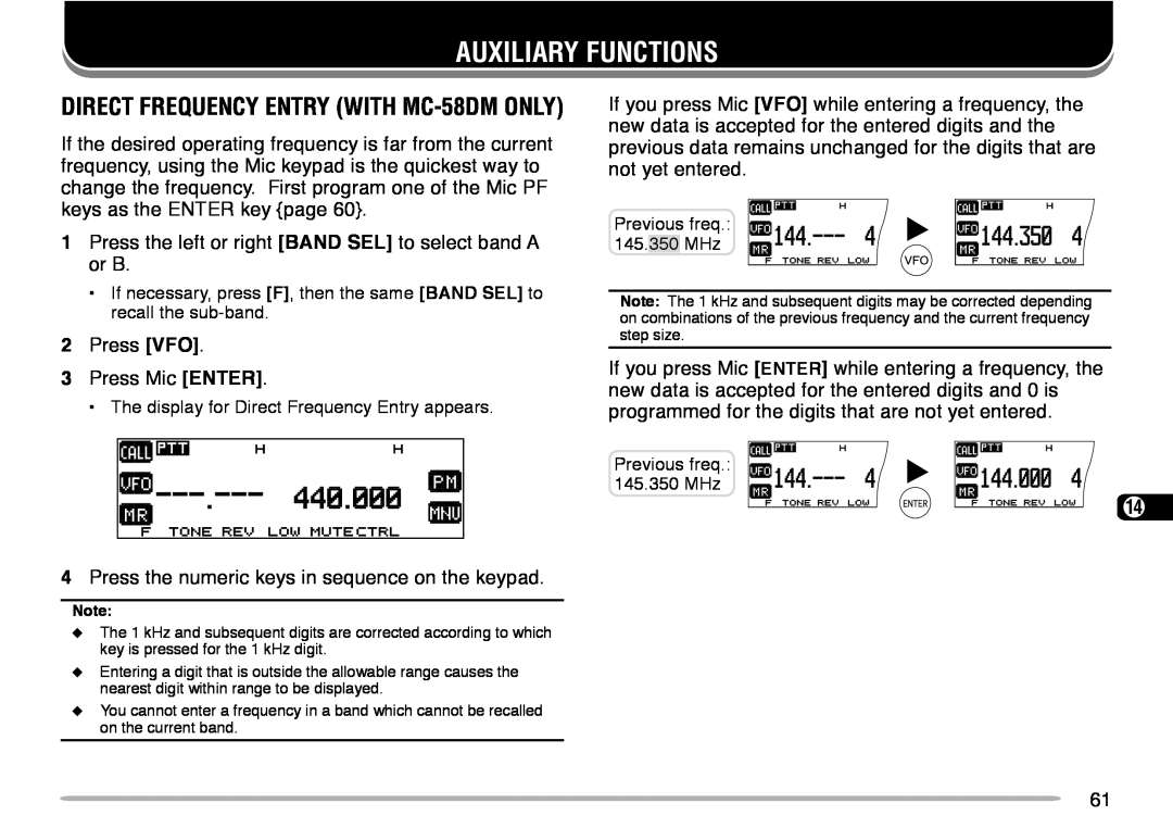 Kenwood TM-V708A instruction manual Auxiliary Functions, DIRECT FREQUENCY ENTRY WITH MC-58DMONLY 