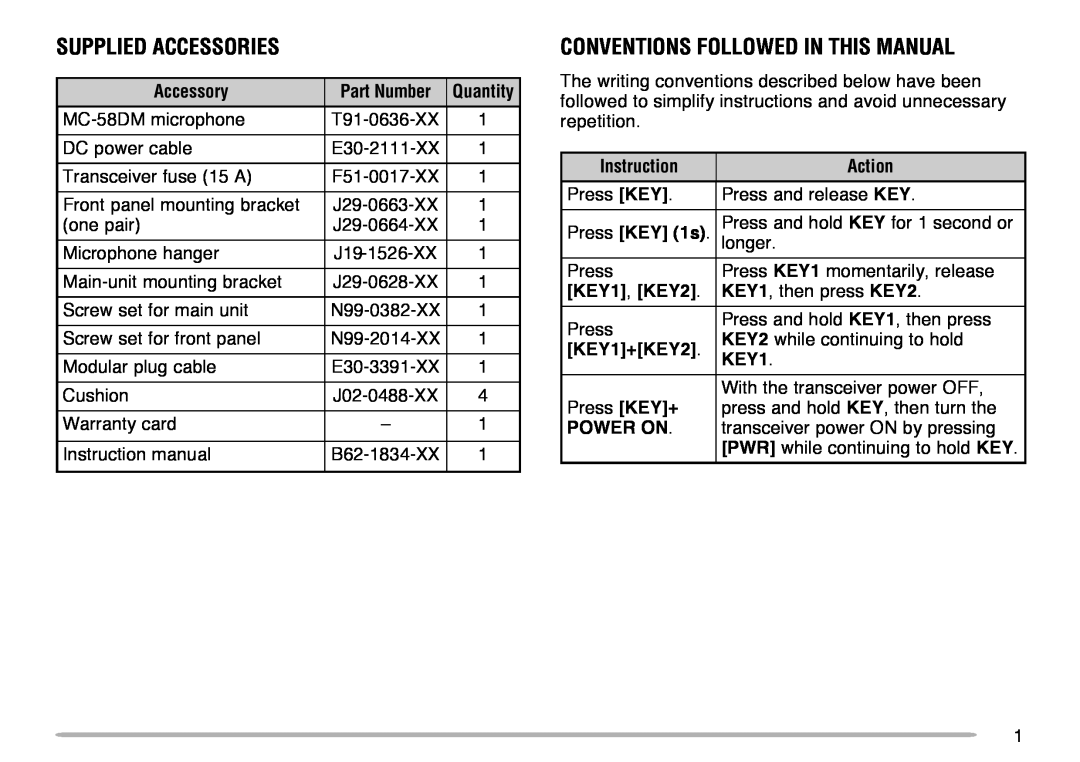 Kenwood TM-V708A Supplied Accessories, Conventions Followed In This Manual, Accessory, Instruction, Action, Press KEY 1s 