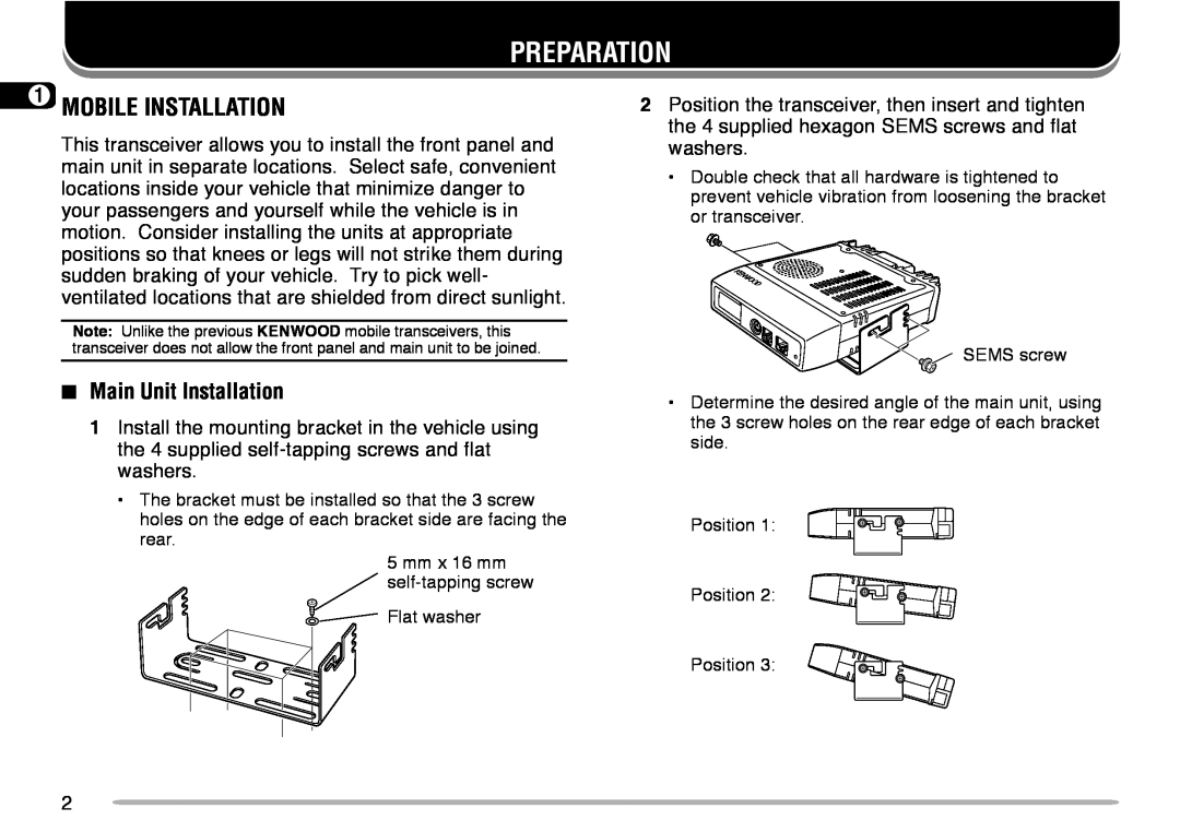 Kenwood TM-V708A instruction manual Preparation, 1MOBILE INSTALLATION, Main Unit Installation 
