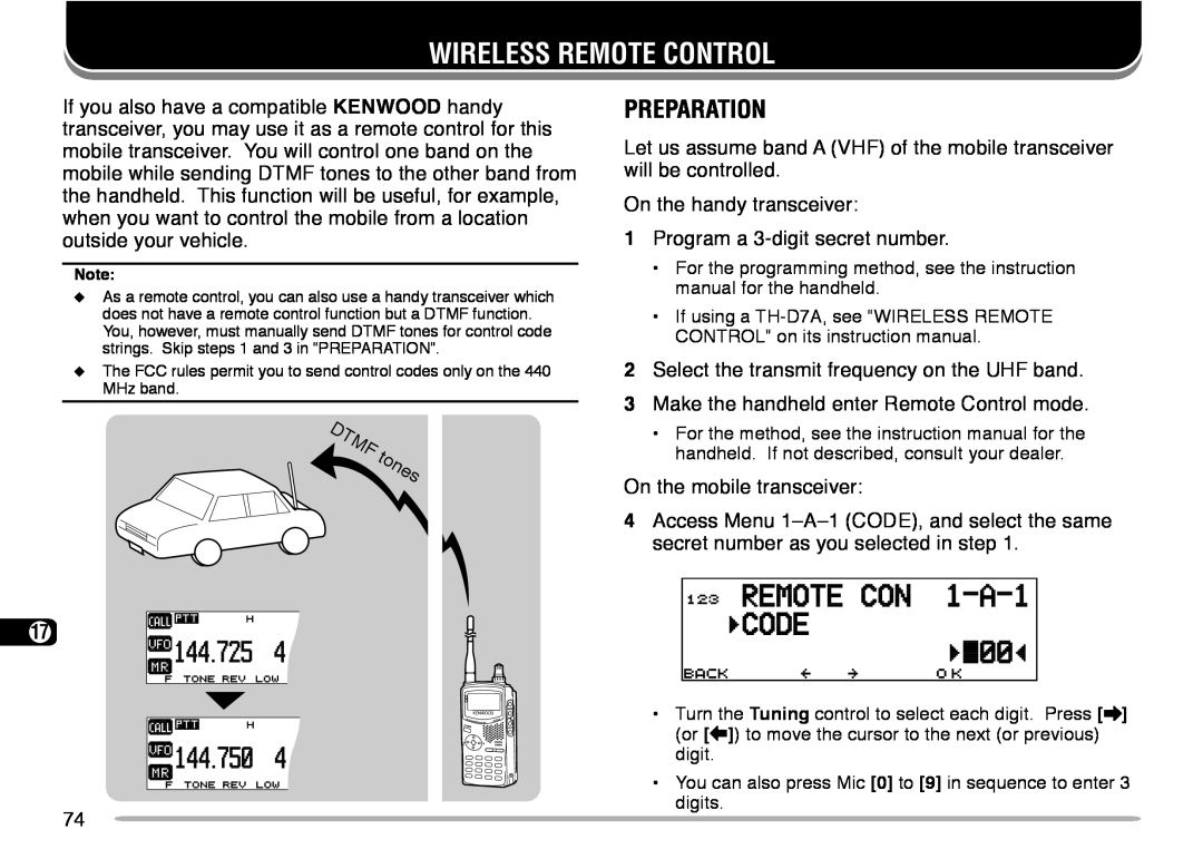 Kenwood TM-V708A instruction manual Wireless Remote Control, Preparation 