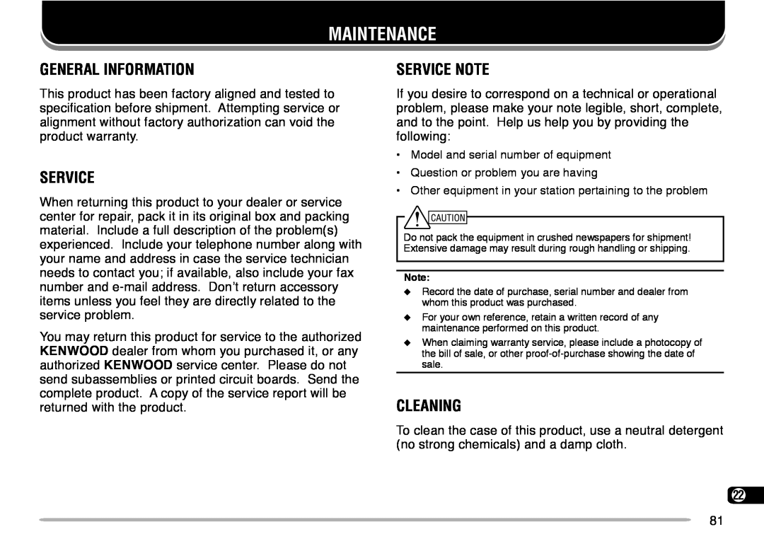 Kenwood TM-V708A instruction manual Maintenance, General Information, Service Note, Cleaning 