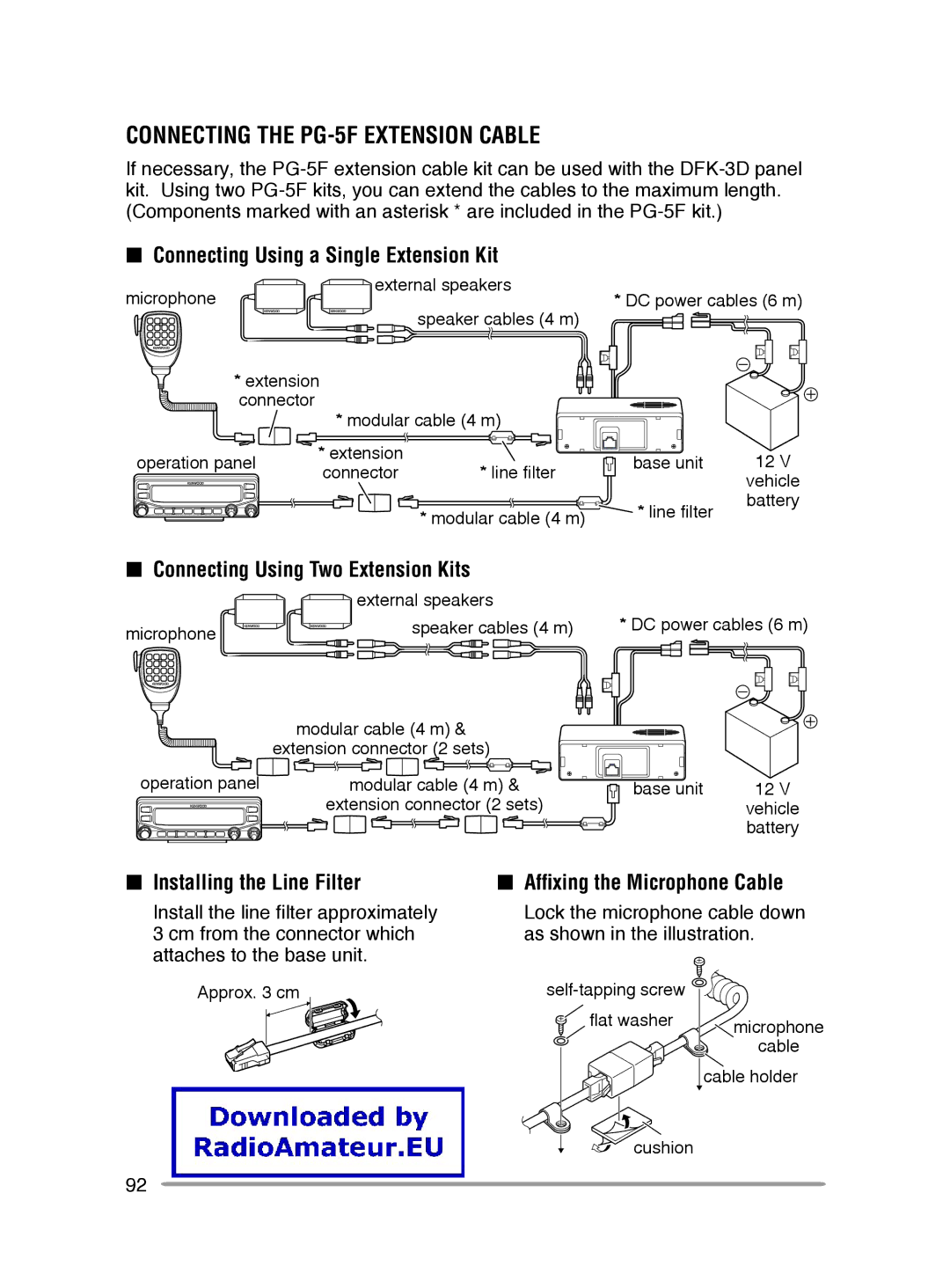 Kenwood TM-V71E Connecting the PG-5F extension cable, Connecting Using a Single Extension Kit, Installing the Line Filter 