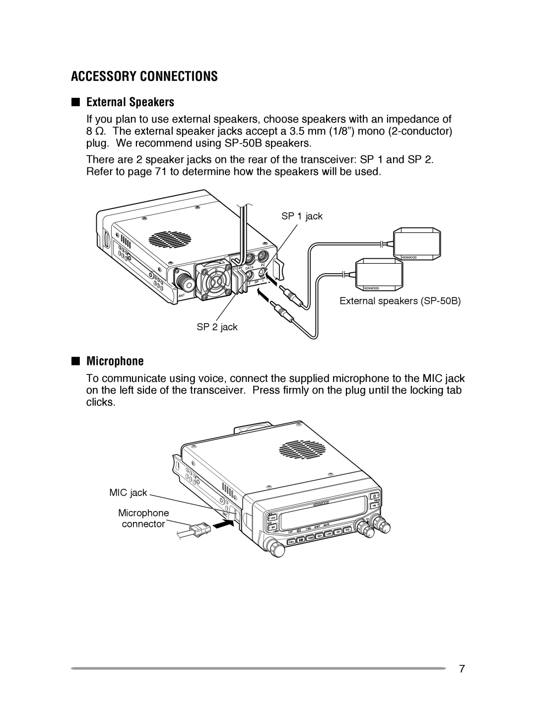 Kenwood TM-V71A, TM-V71E instruction manual Accessory Connections, External Speakers, Microphone 