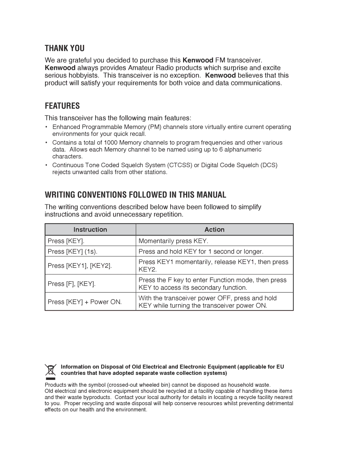 Kenwood TM-V71E, TM-V71A Thank You, Features, Writing Conventions Followed in this Manual, Instruction Action 