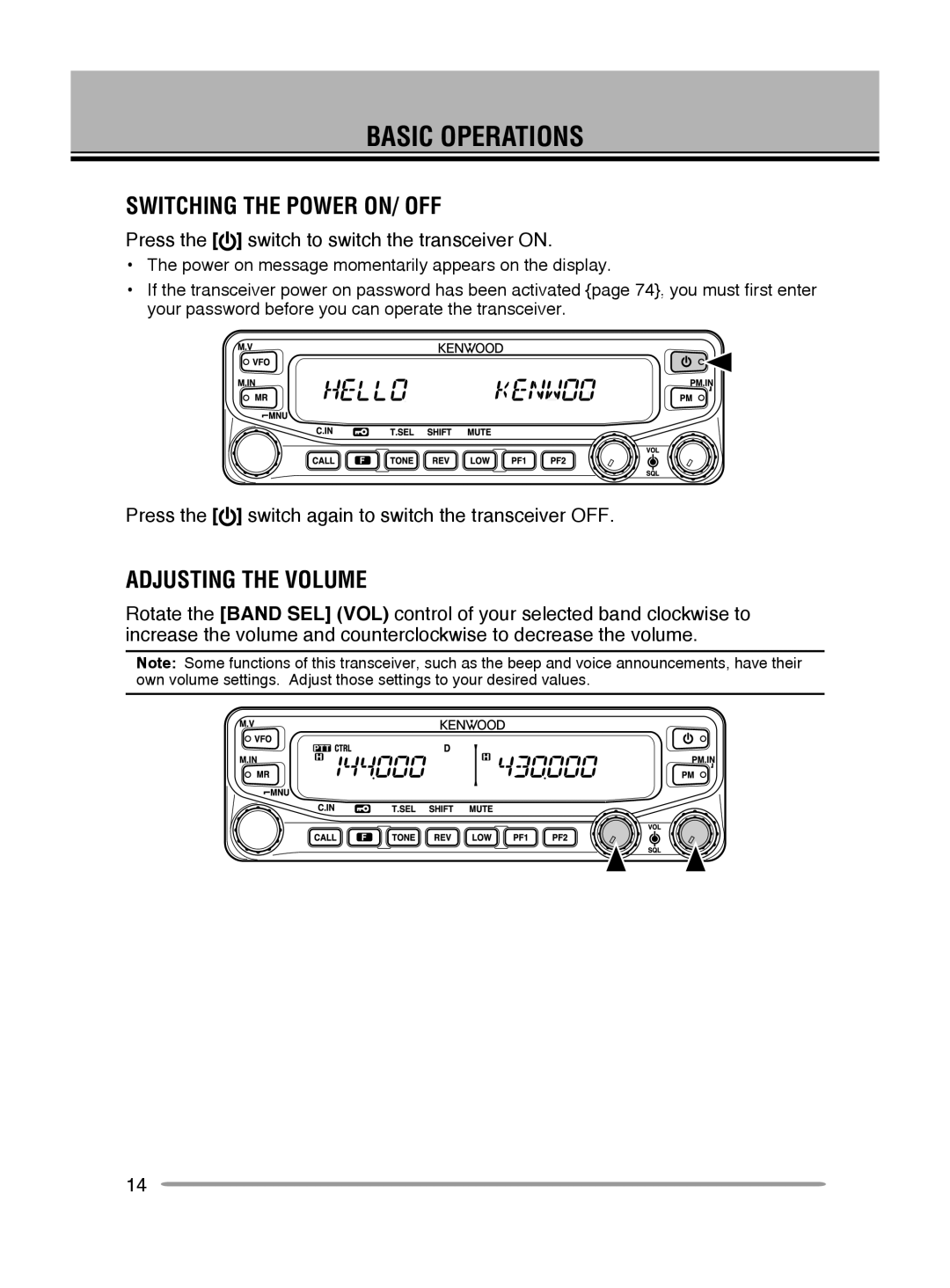 Kenwood TM-V71E, TM-V71A instruction manual Basic Operations, Switching the Power ON/ OFF, Adjusting the Volume 