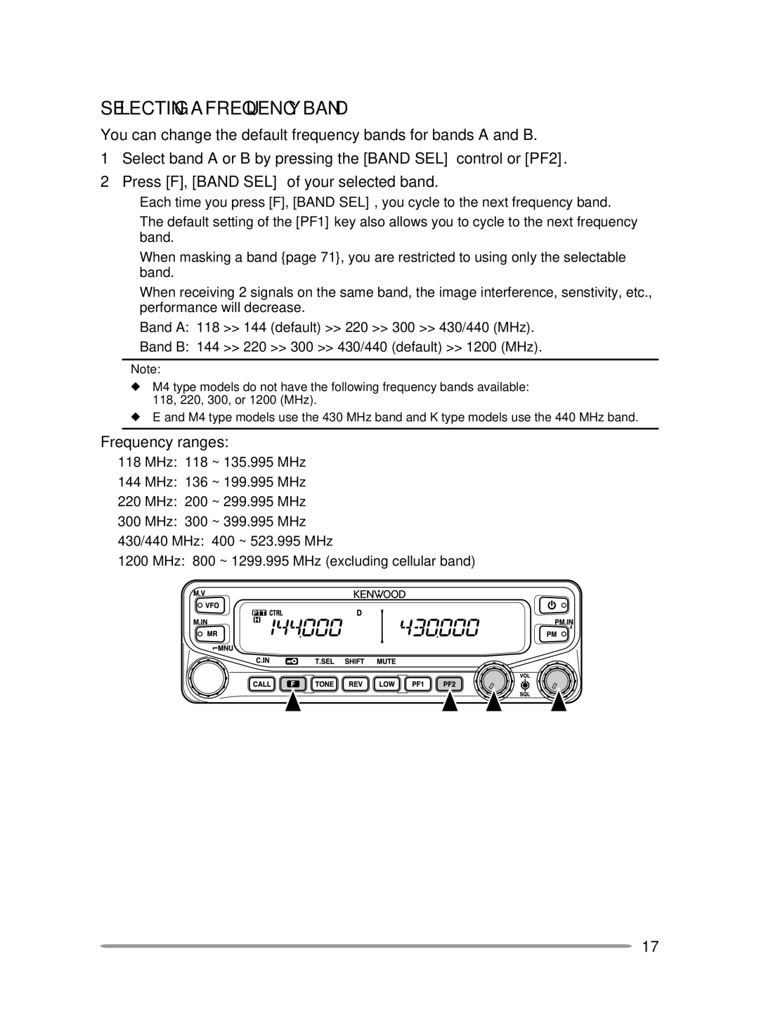 Kenwood TM-V71A, TM-V71E instruction manual Selecting a frequency band, Frequency ranges 