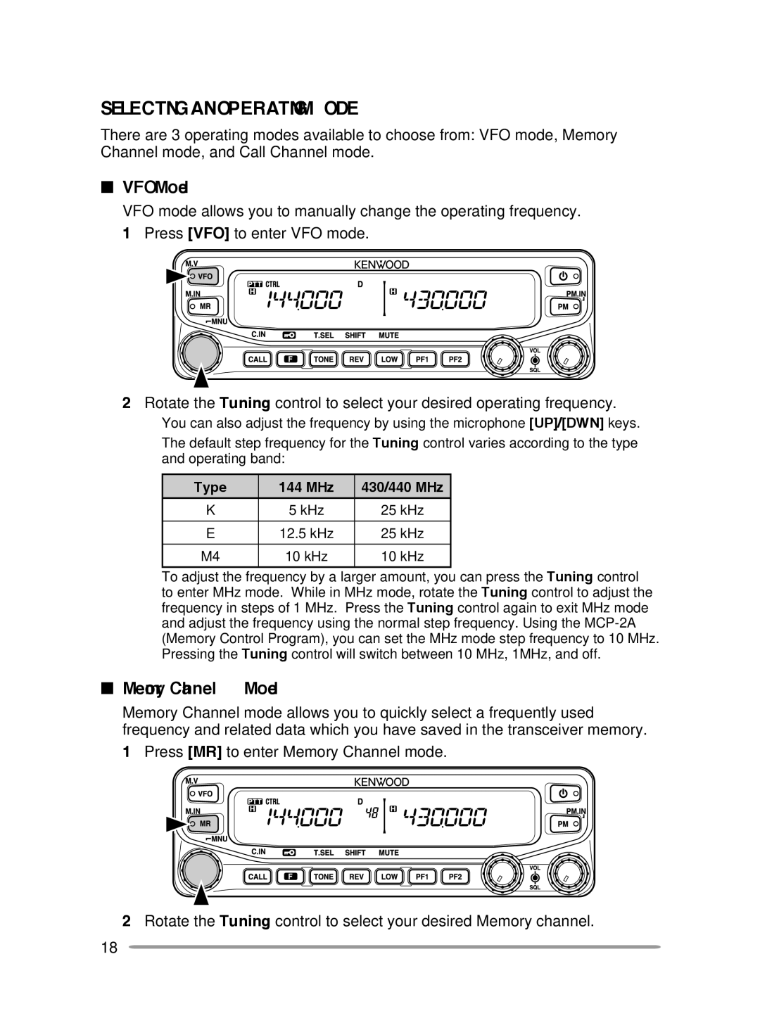 Kenwood TM-V71E, TM-V71A instruction manual Selecting an Operating mode, VFO Mode, Memory Channel Mode 