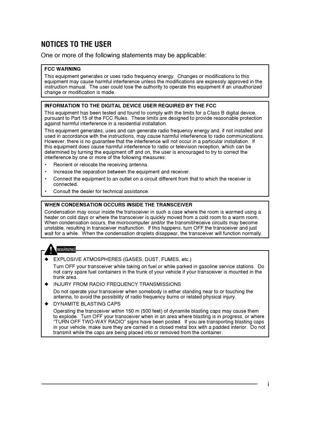 Kenwood TM-V71A One or more of the following statements may be applicable, When Condensation Occurs Inside the Transceiver 