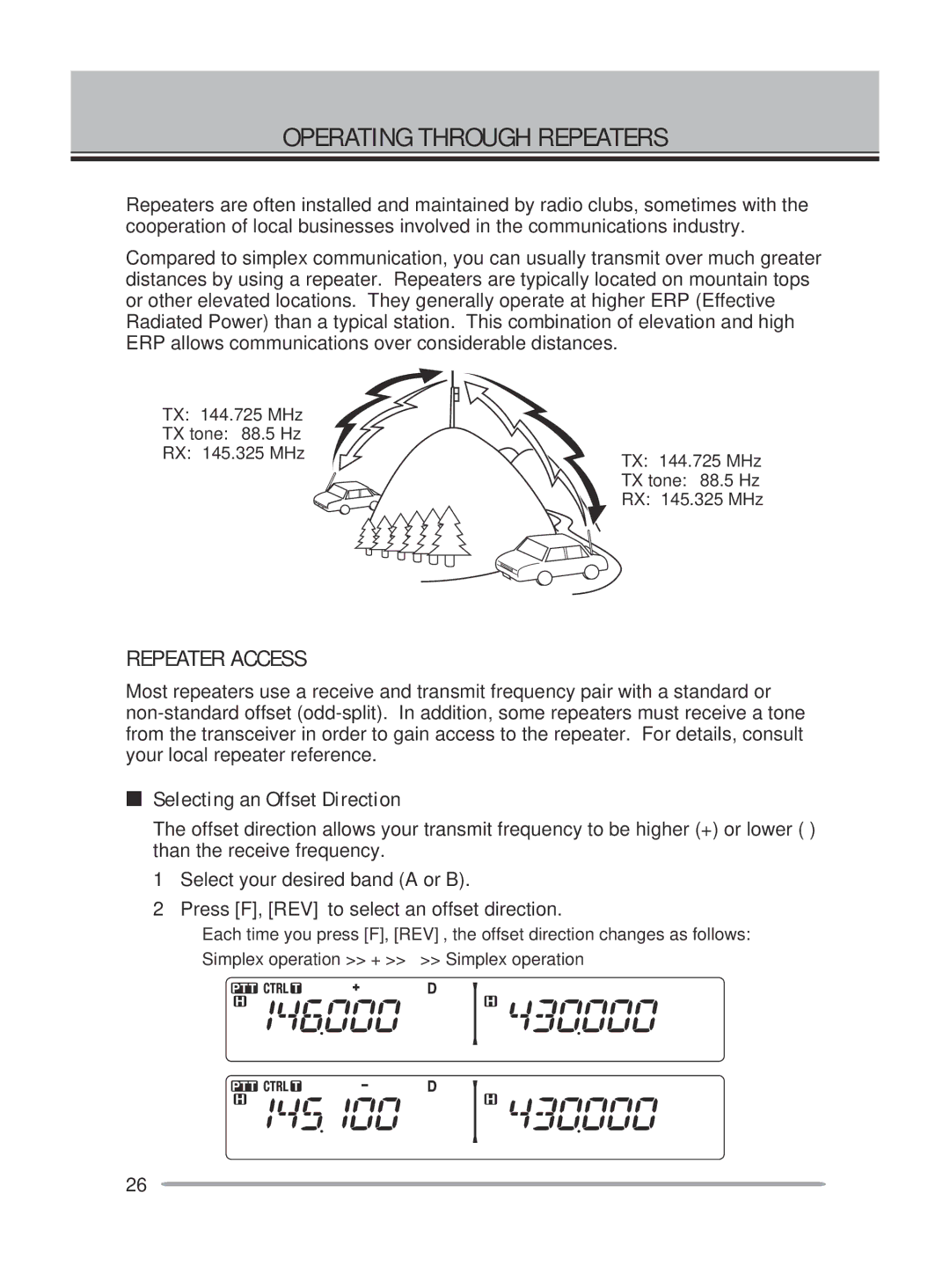 Kenwood TM-V71E, TM-V71A instruction manual Operating Through Repeaters, Repeater Access, Selecting an Offset Direction 