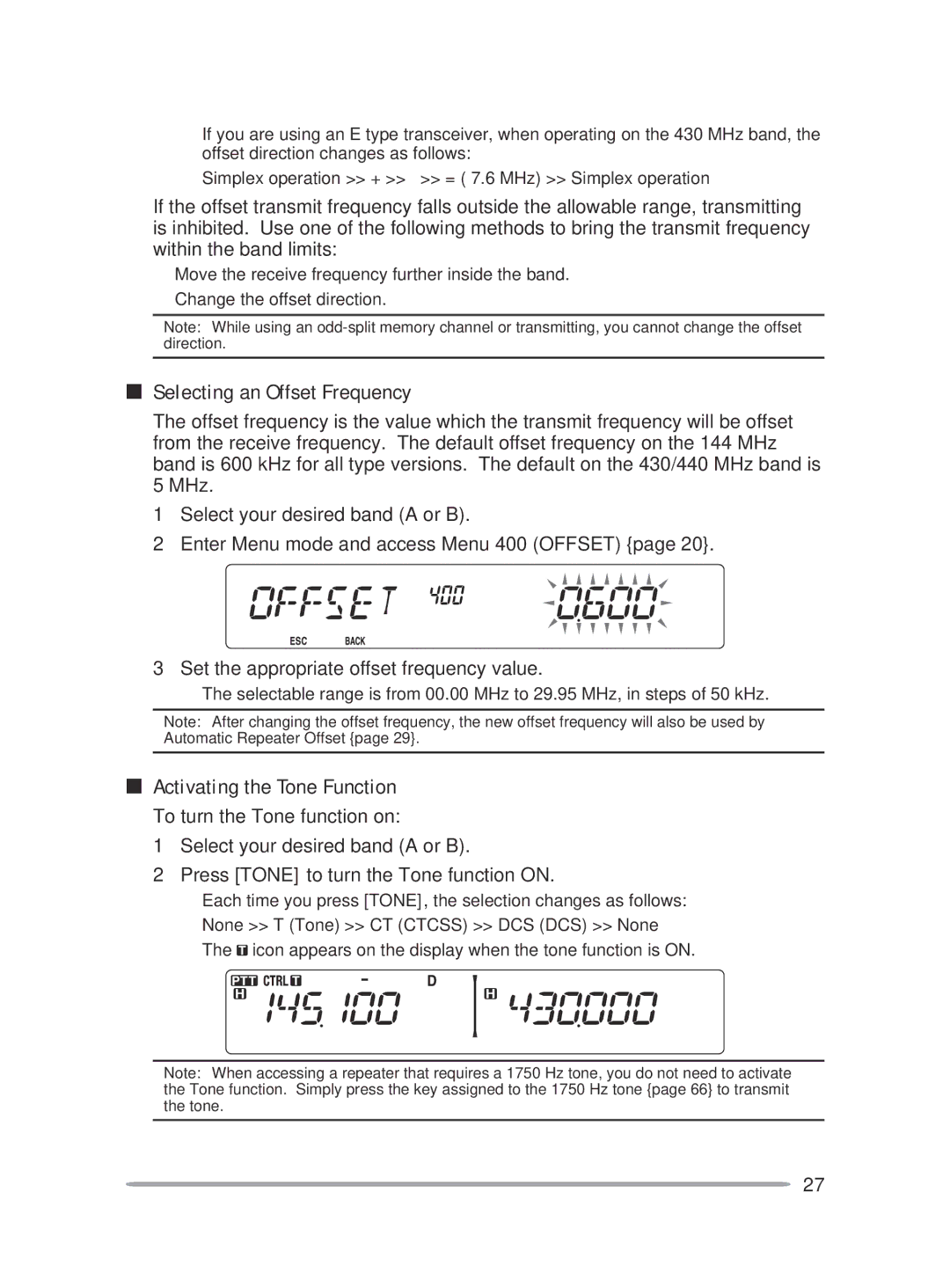 Kenwood TM-V71A, TM-V71E instruction manual Selecting an Offset Frequency, Activating the Tone Function 