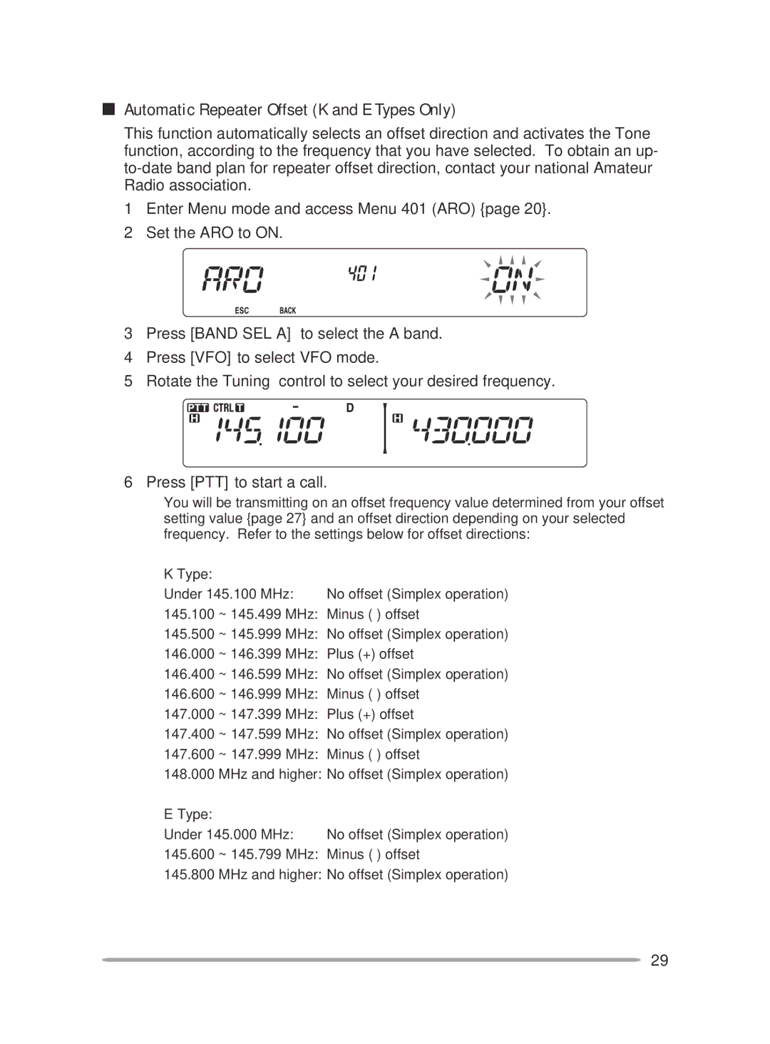 Kenwood TM-V71A, TM-V71E instruction manual Automatic Repeater Offset K and E Types Only 