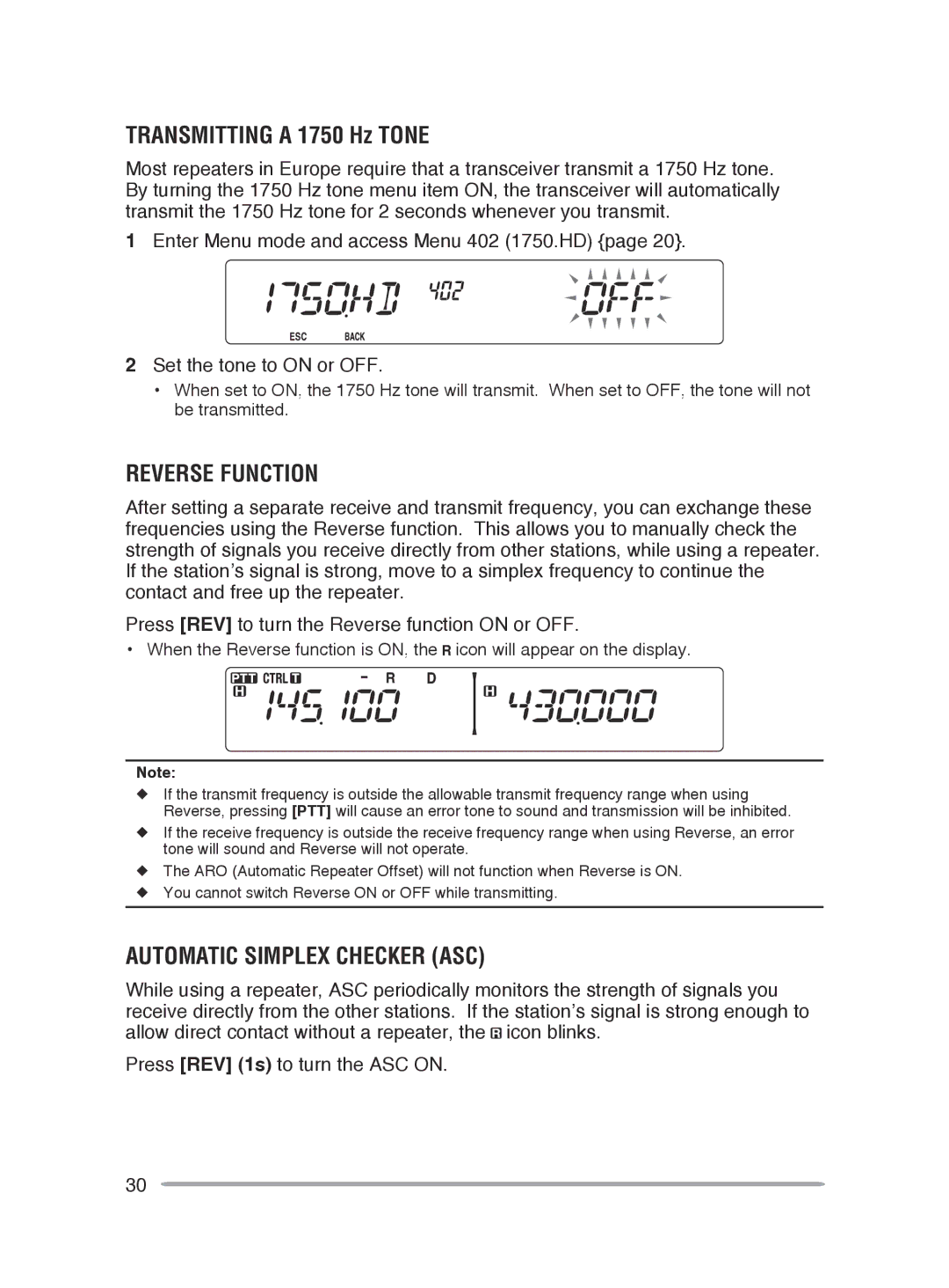 Kenwood TM-V71E, TM-V71A instruction manual Transmitting a 1750 Hz Tone, Reverse Function, Automatic Simplex Checker ASC 