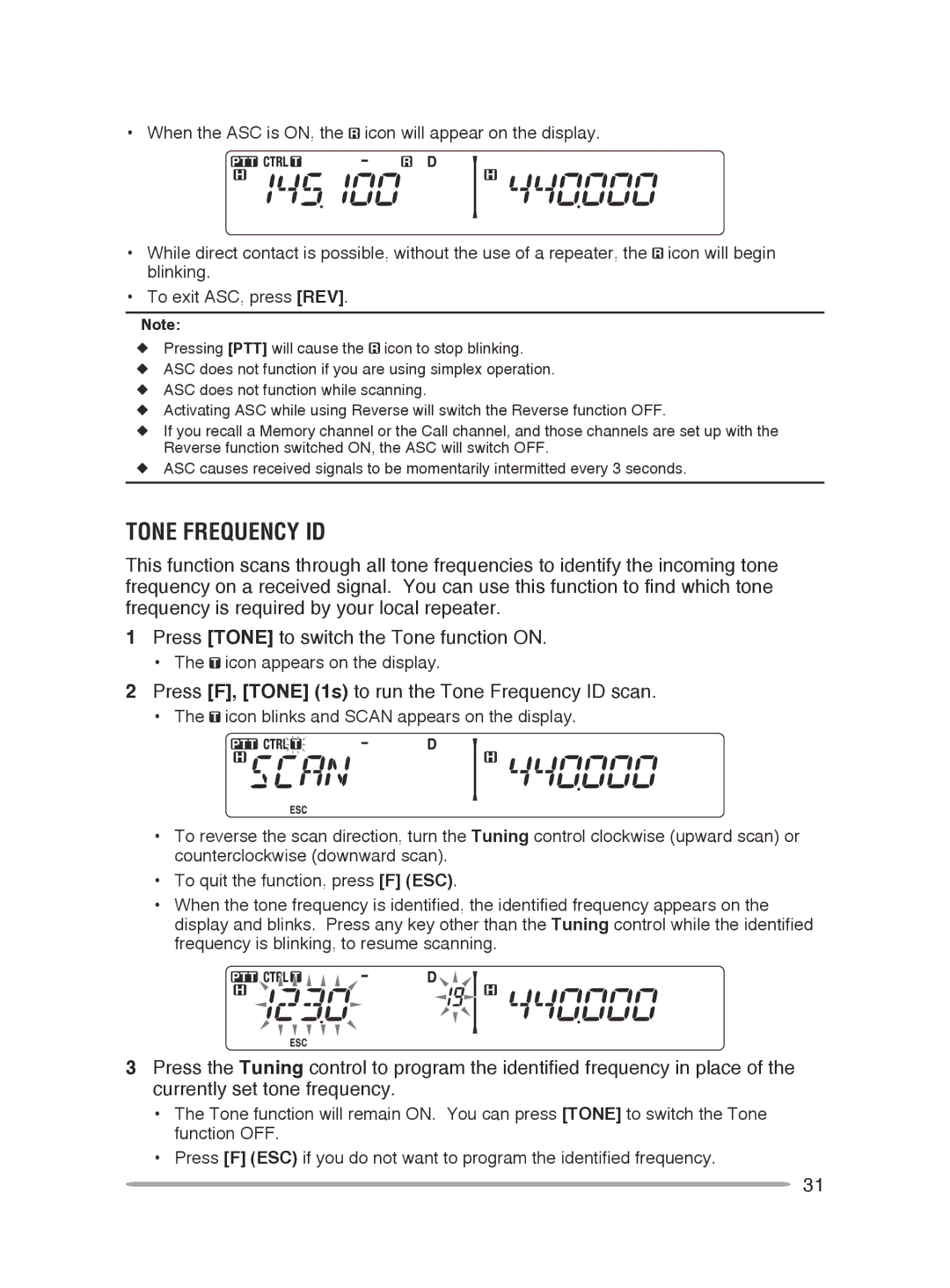 Kenwood TM-V71A, TM-V71E instruction manual Press F, Tone 1s to run the Tone Frequency ID scan 