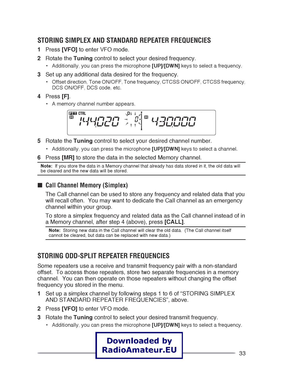 Kenwood TM-V71A, TM-V71E Storing Simplex and Standard Repeater Frequencies, Storing Odd-Split Repeater Frequencies 