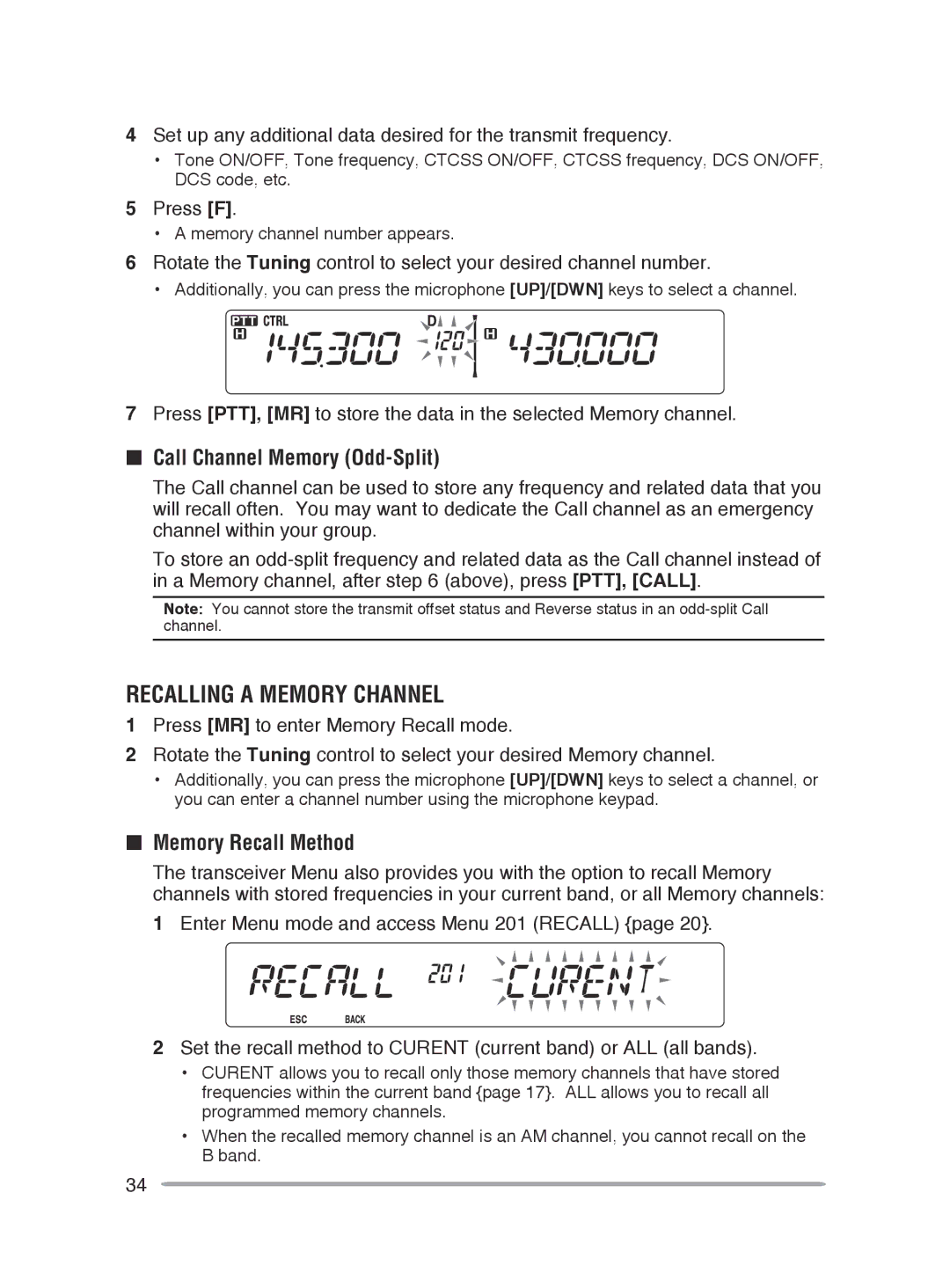 Kenwood TM-V71E, TM-V71A instruction manual Recalling a Memory Channel, Call Channel Memory Odd-Split, Memory Recall Method 