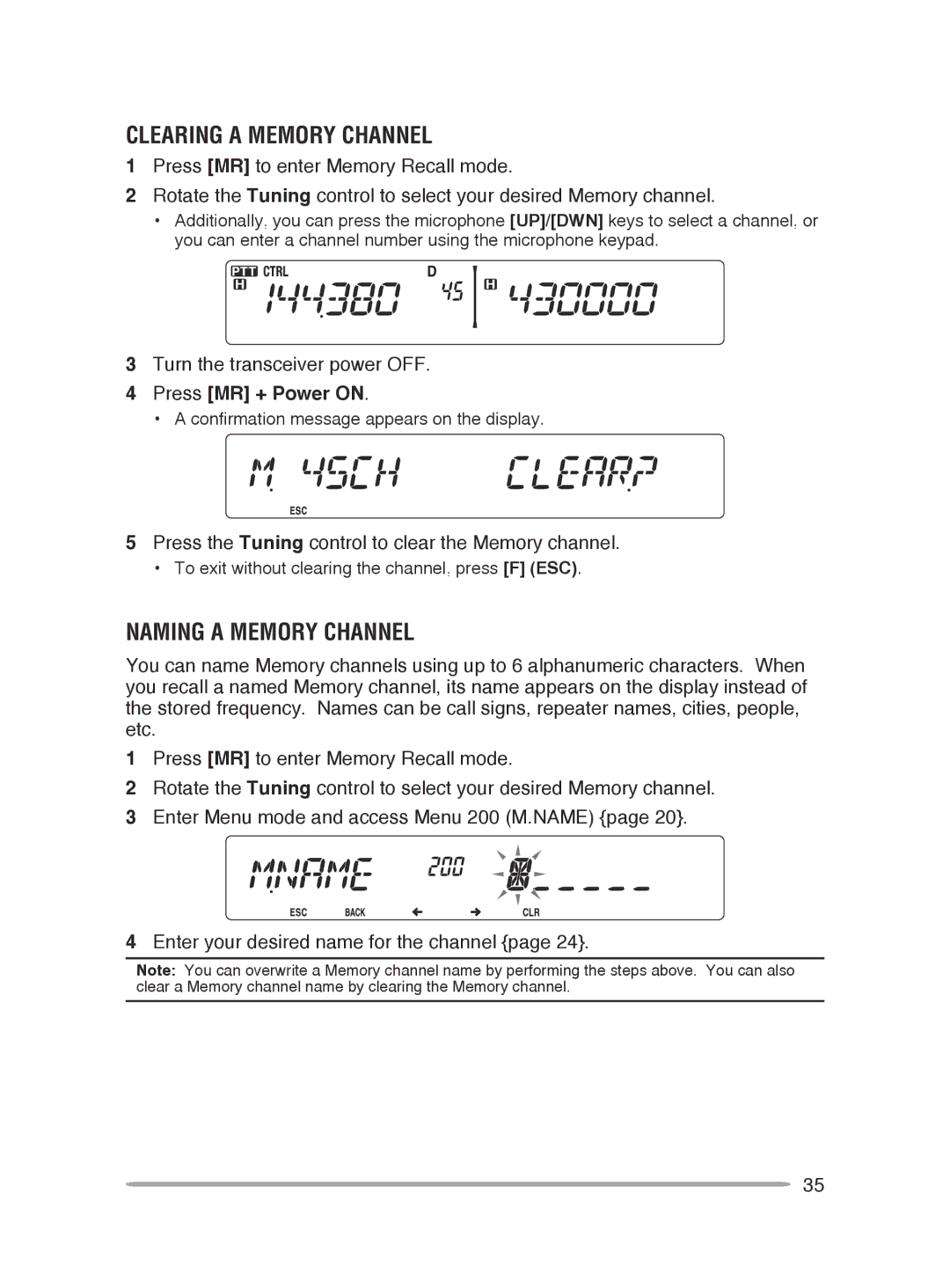 Kenwood TM-V71A Clearing a Memory Channel, Naming a Memory Channel, Turn the transceiver power OFF, Press MR + Power on 