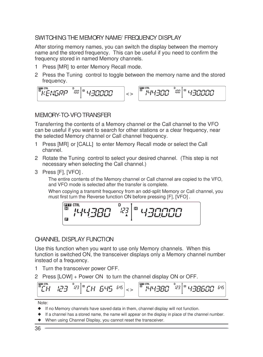 Kenwood TM-V71E, TM-V71A Switching the Memory Name/ Frequency Display, Memory-TO-VFO TRansfer, Channel Display FUnction 