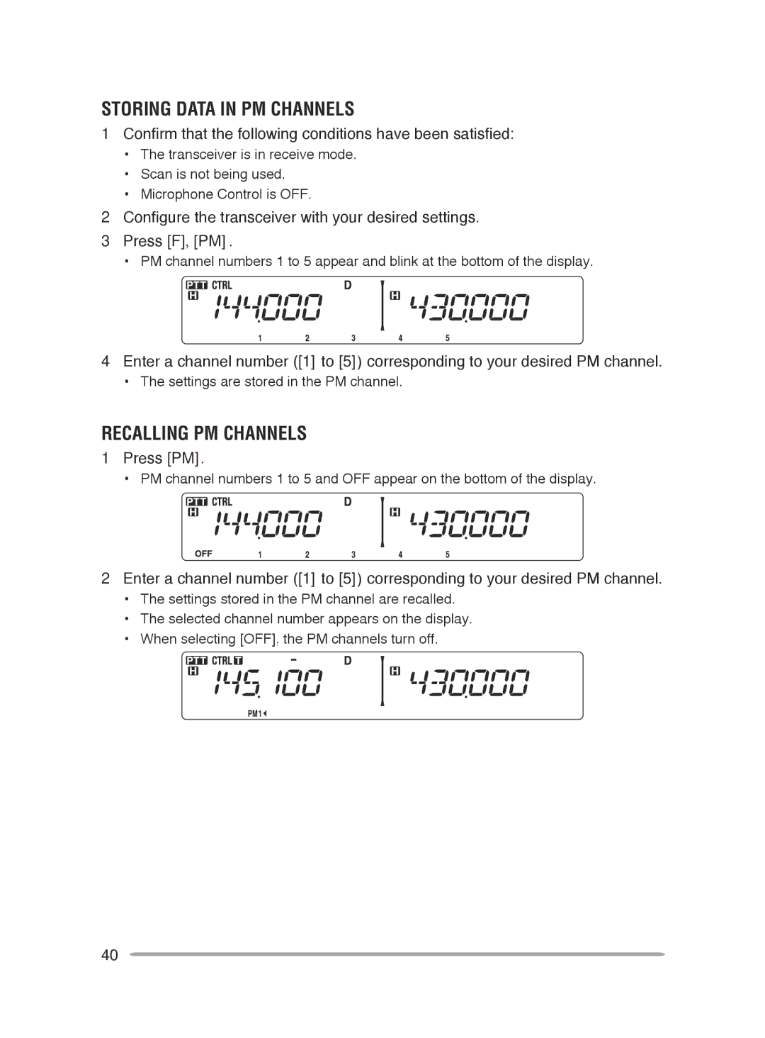 Kenwood TM-V71E, TM-V71A instruction manual Storing Data in PM Channels, Recalling PM Channels, Press F, PM 