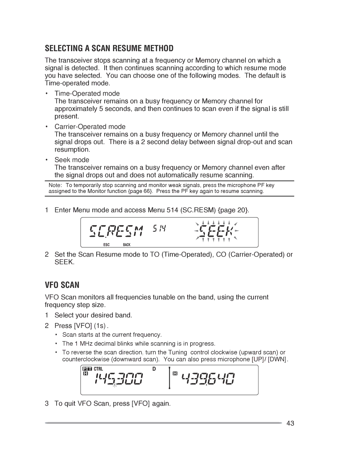 Kenwood TM-V71A, TM-V71E instruction manual Selecting a Scan Resume Method, VFO Scan 