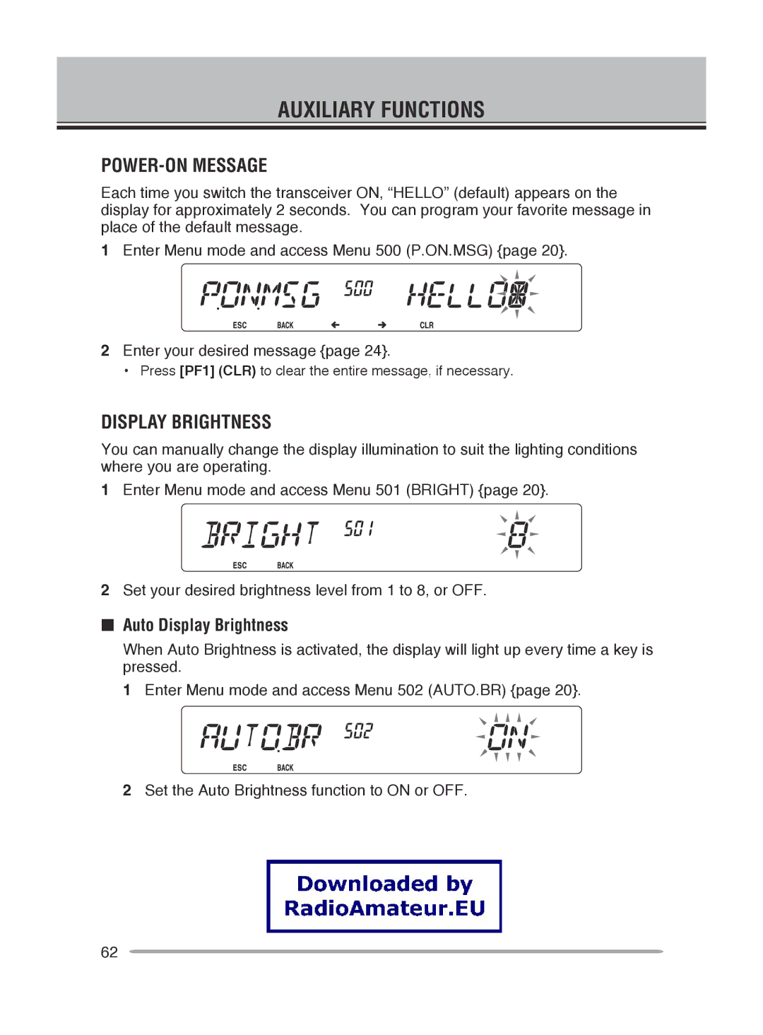 Kenwood TM-V71E, TM-V71A instruction manual Auxiliary Functions, POWER-ON Message, Auto Display Brightness 