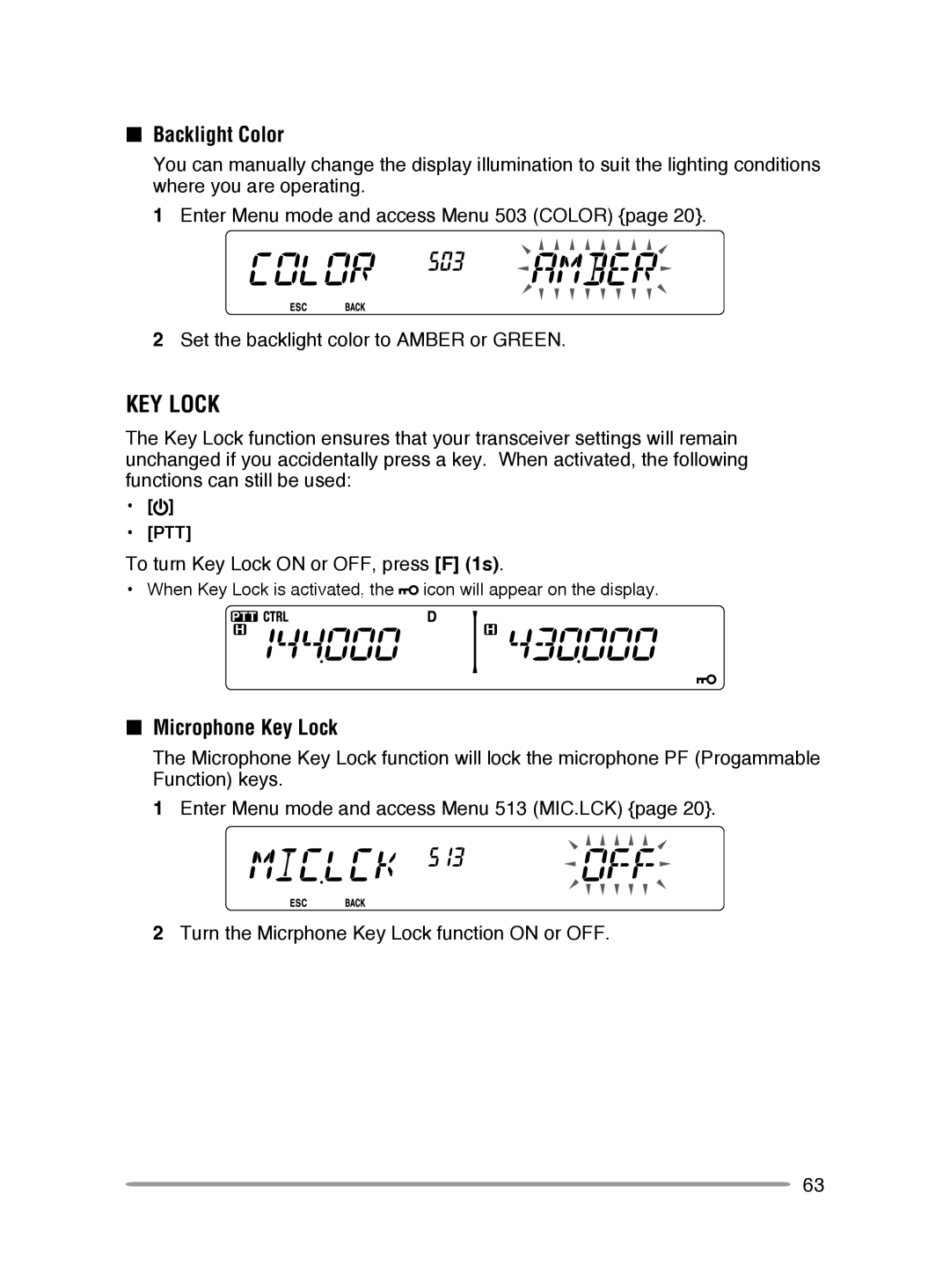 Kenwood TM-V71A, TM-V71E instruction manual Backlight Color, Microphone Key Lock, To turn Key Lock on or OFF, press F 1s 