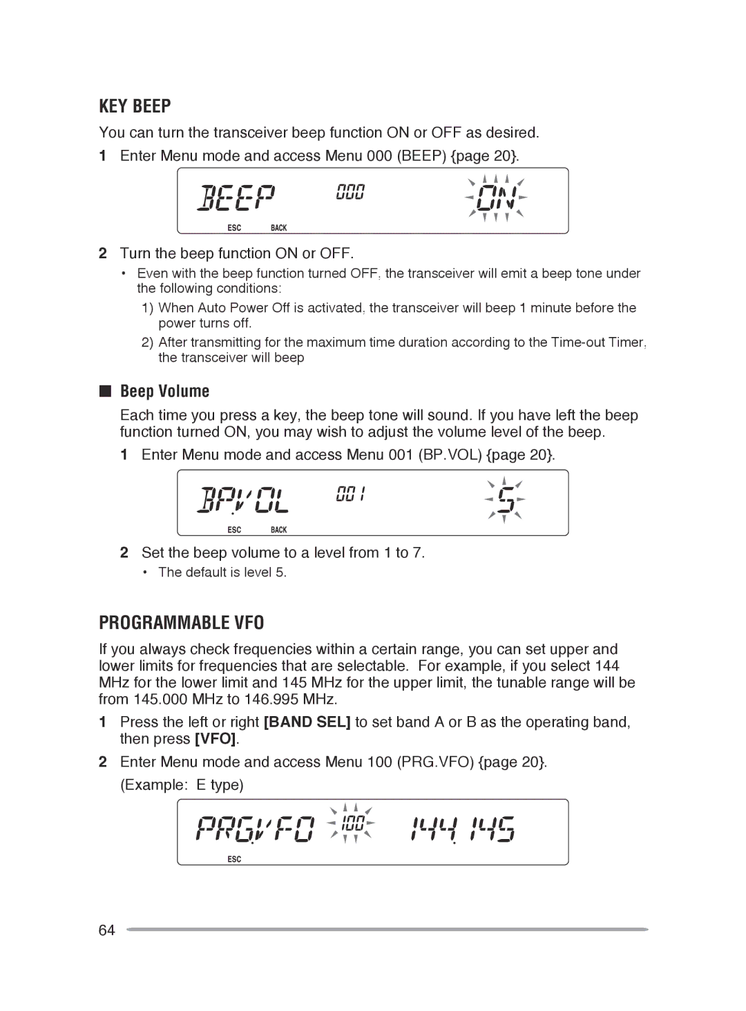 Kenwood TM-V71E, TM-V71A instruction manual Key Beep, Programmable VFO, Beep Volume 