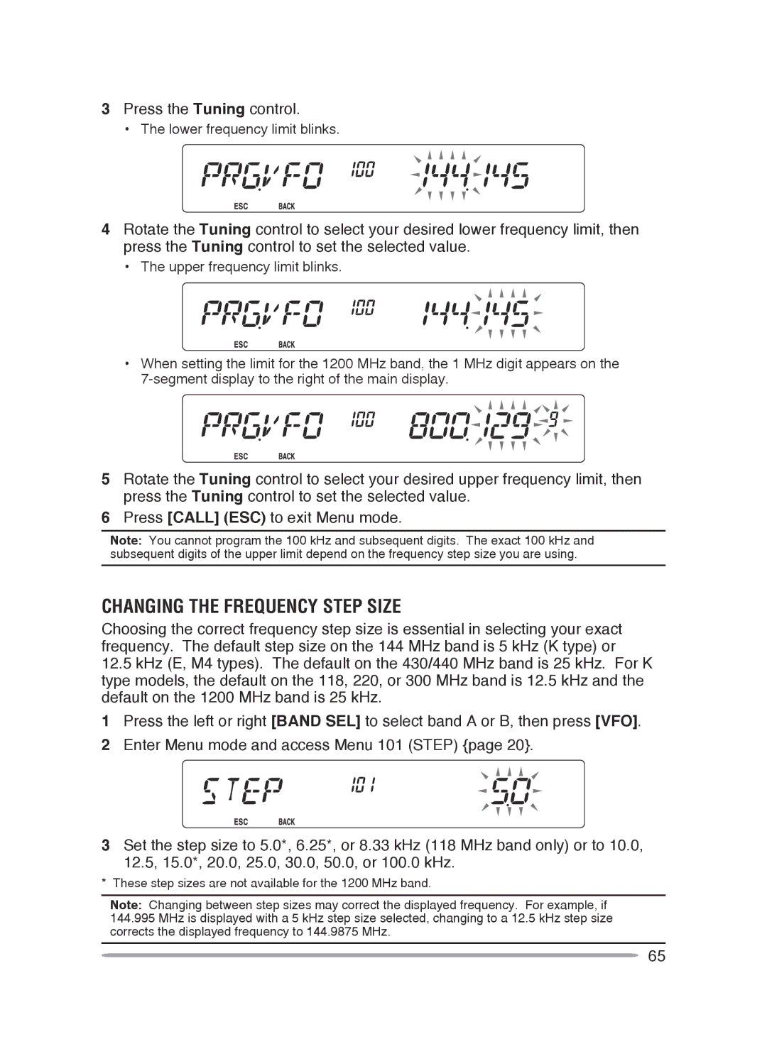 Kenwood TM-V71A, TM-V71E instruction manual Changing the Frequency Step Size, Press the Tuning control 