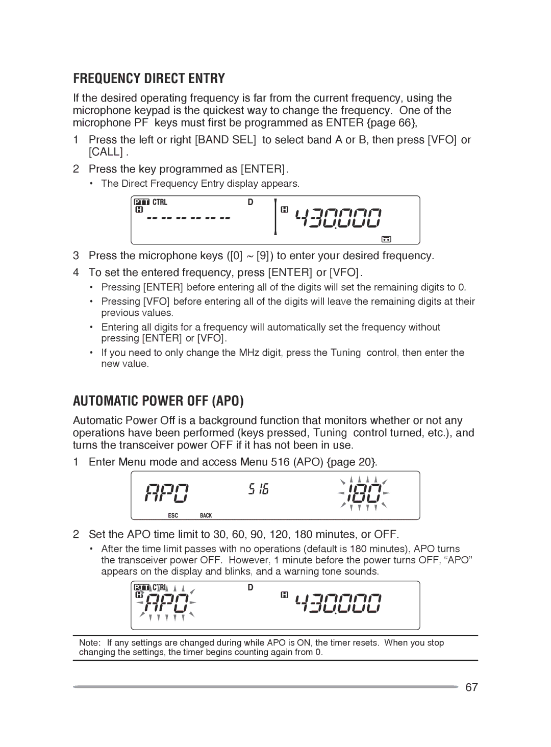 Kenwood TM-V71A, TM-V71E instruction manual Frequency Direct Entry, Automatic Power OFF APO 