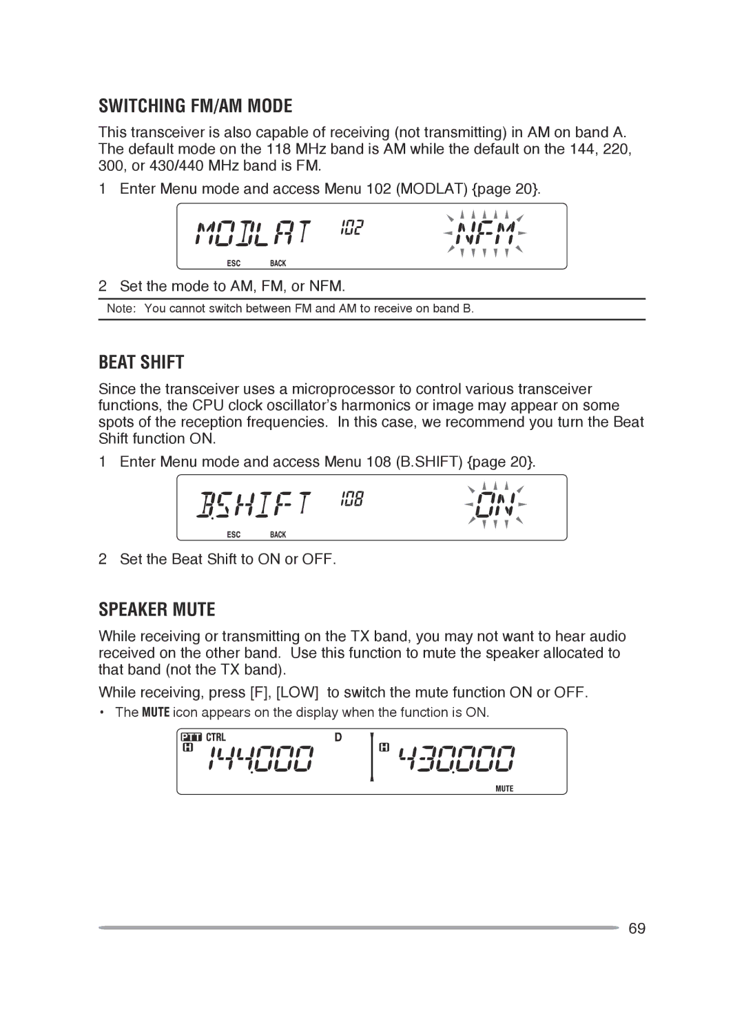 Kenwood TM-V71A, TM-V71E instruction manual Switching FM/AM Mode, Beat Shift, Speaker Mute 