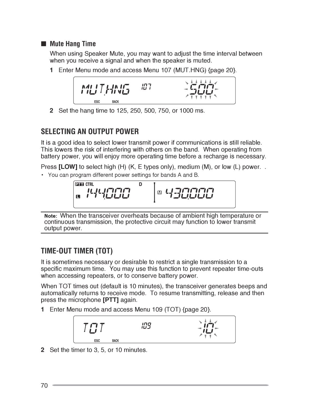 Kenwood TM-V71E, TM-V71A instruction manual Selecting an Output Power, TIME-OUT Timer TOT, Mute Hang Time 