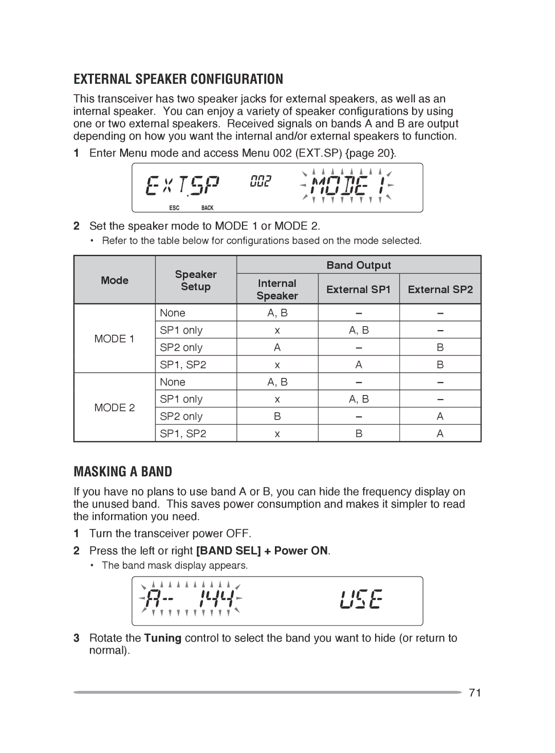 Kenwood TM-V71A, TM-V71E instruction manual External Speaker Configuration, Masking a Band, Speaker Band Output, Setup 