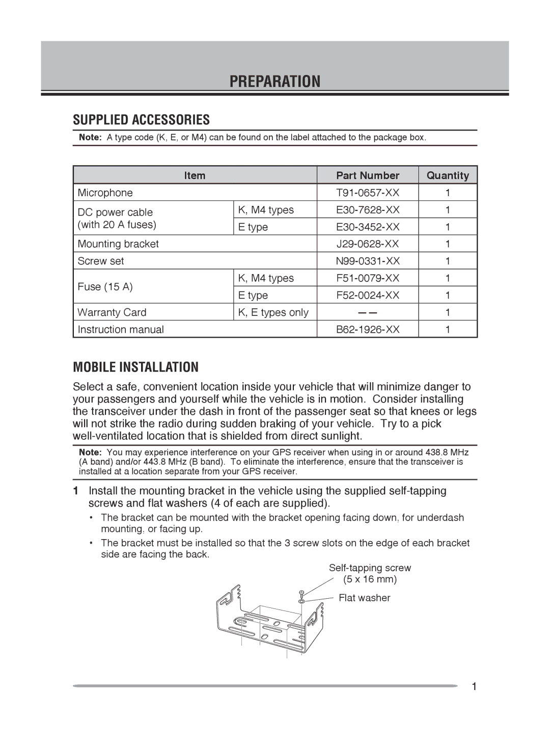 Kenwood TM-V71A, TM-V71E instruction manual Preparation, Supplied Accessories, Mobile Installation, Part Number Quantity 