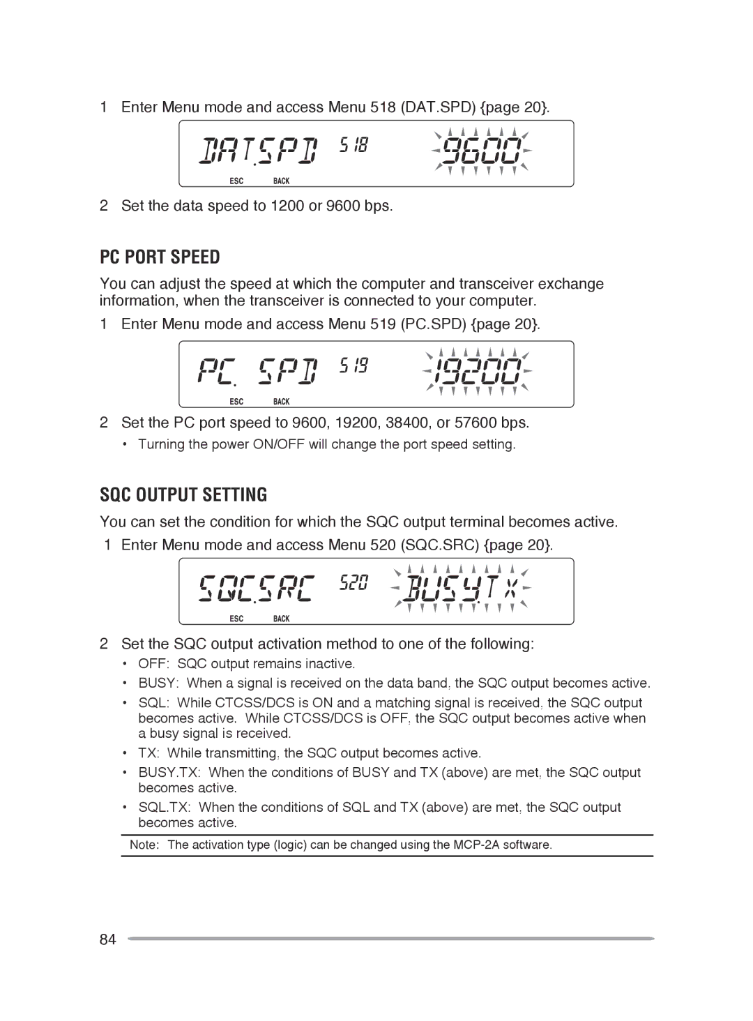 Kenwood TM-V71E, TM-V71A instruction manual PC Port Speed, SQC Output Setting 