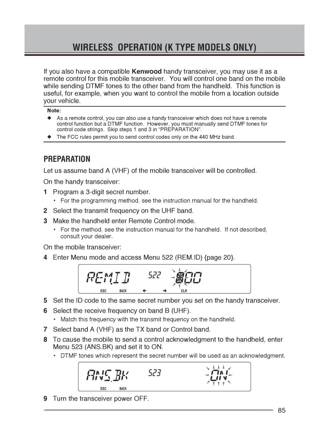 Kenwood TM-V71A, TM-V71E instruction manual Wireless Operation K Type Models only, Preparation 