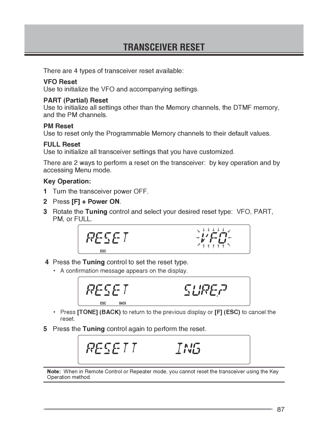 Kenwood TM-V71A, TM-V71E instruction manual Transceiver Reset 