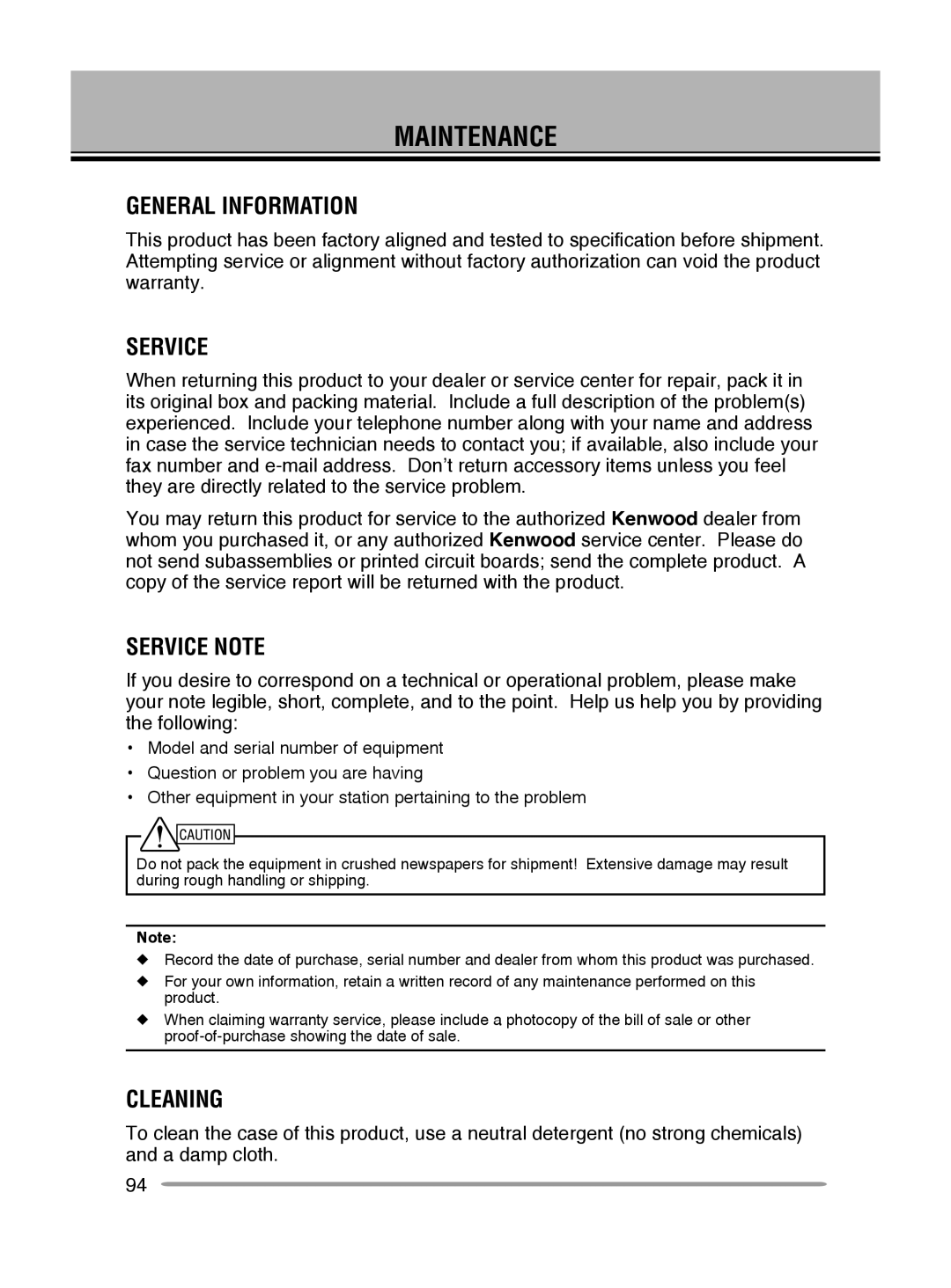 Kenwood TM-V71E, TM-V71A instruction manual Maintenance, General Information, Service Note, Cleaning 