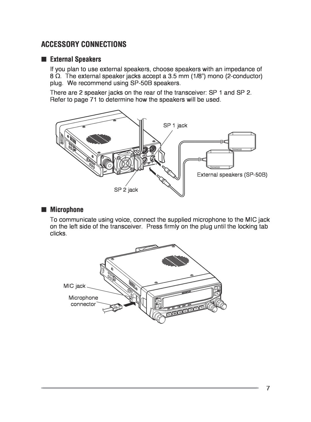Kenwood TM-V71A, TM-V71E instruction manual Accessory Connections, nExternal Speakers, nMicrophone 