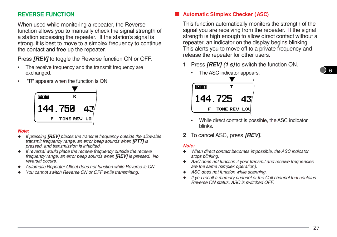 Kenwood TM-V7A instruction manual Reverse Function, Automatic Simplex Checker ASC, To cancel ASC, press REV 