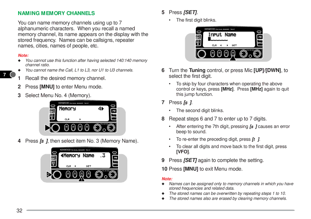 Kenwood TM-V7A instruction manual Naming Memory Channels 