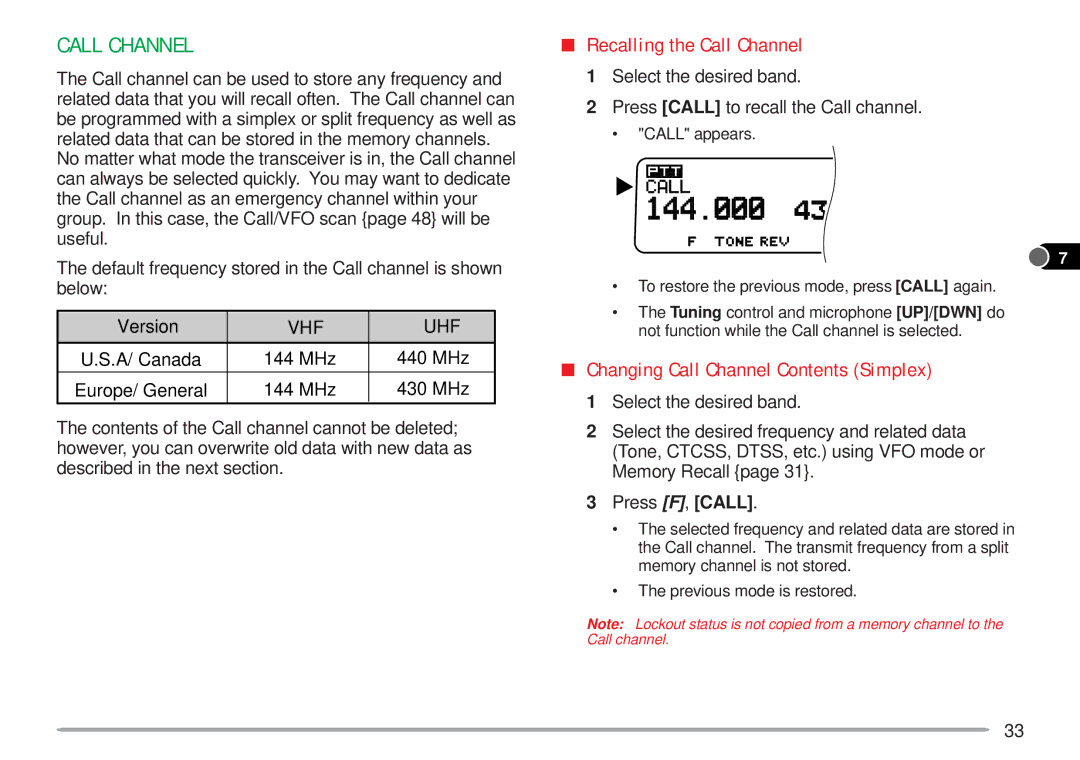 Kenwood TM-V7A instruction manual Recalling the Call Channel, Changing Call Channel Contents Simplex 