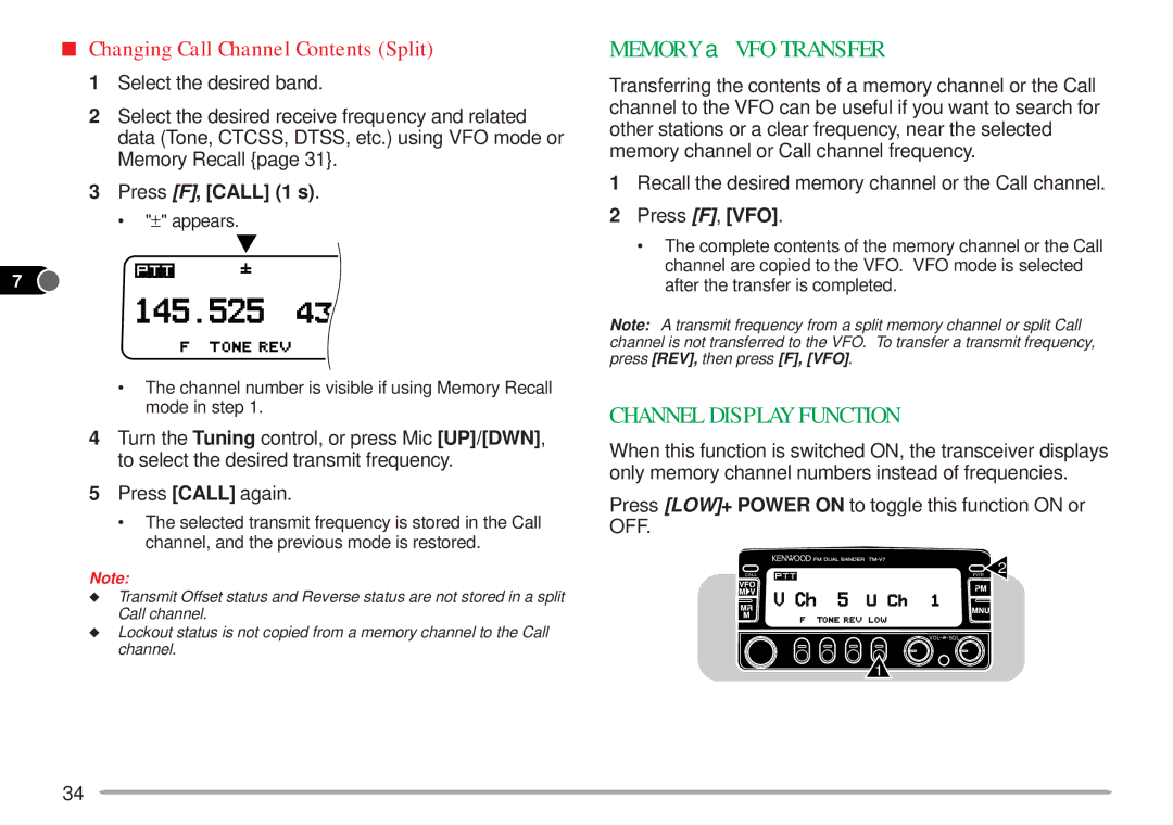 Kenwood TM-V7A instruction manual Channel Display Function, Changing Call Channel Contents Split 