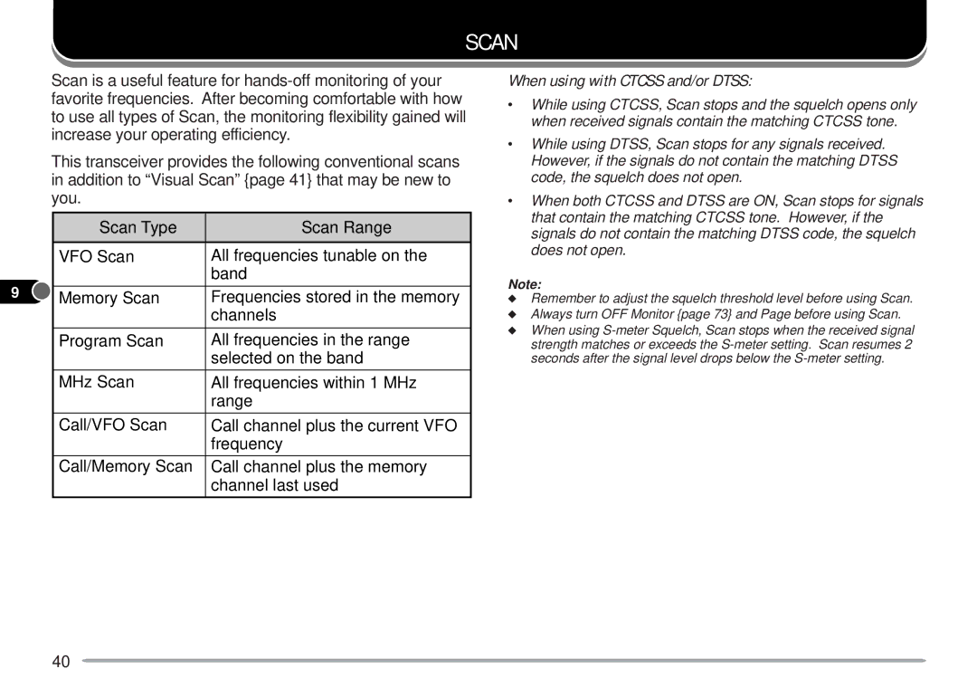 Kenwood TM-V7A instruction manual Scan Type Scan Range 