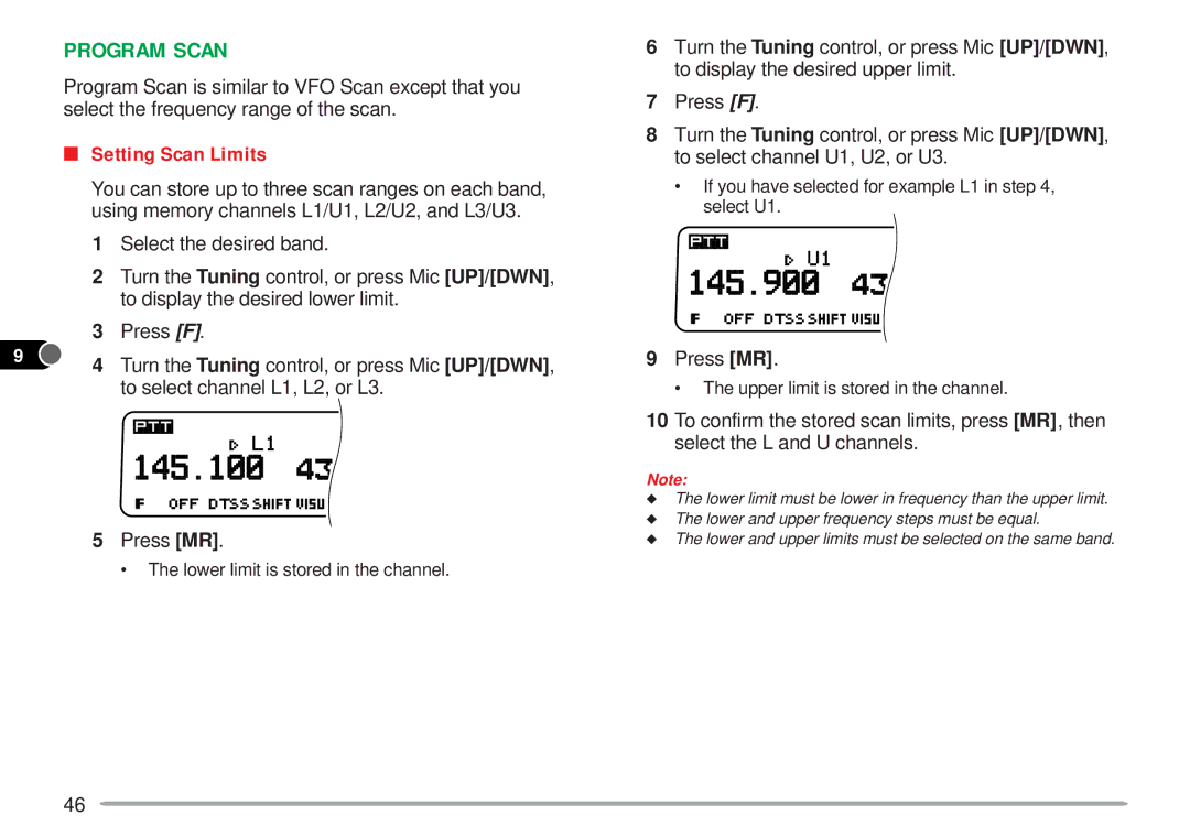 Kenwood TM-V7A instruction manual Program Scan, Setting Scan Limits 