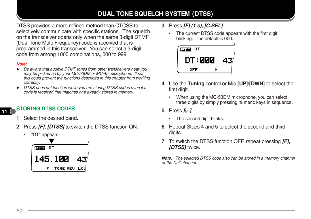 Kenwood TM-V7A instruction manual Dual Tone Squelch System Dtss, Storing Dtss Codes, Press s, Digits 