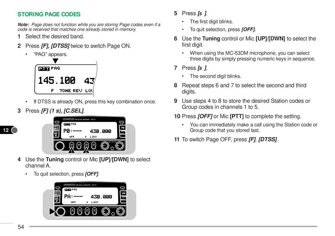 Kenwood TM-V7A instruction manual Storing page Codes, To switch Page OFF, press F, Dtss, 15 4 Use the Tuning 