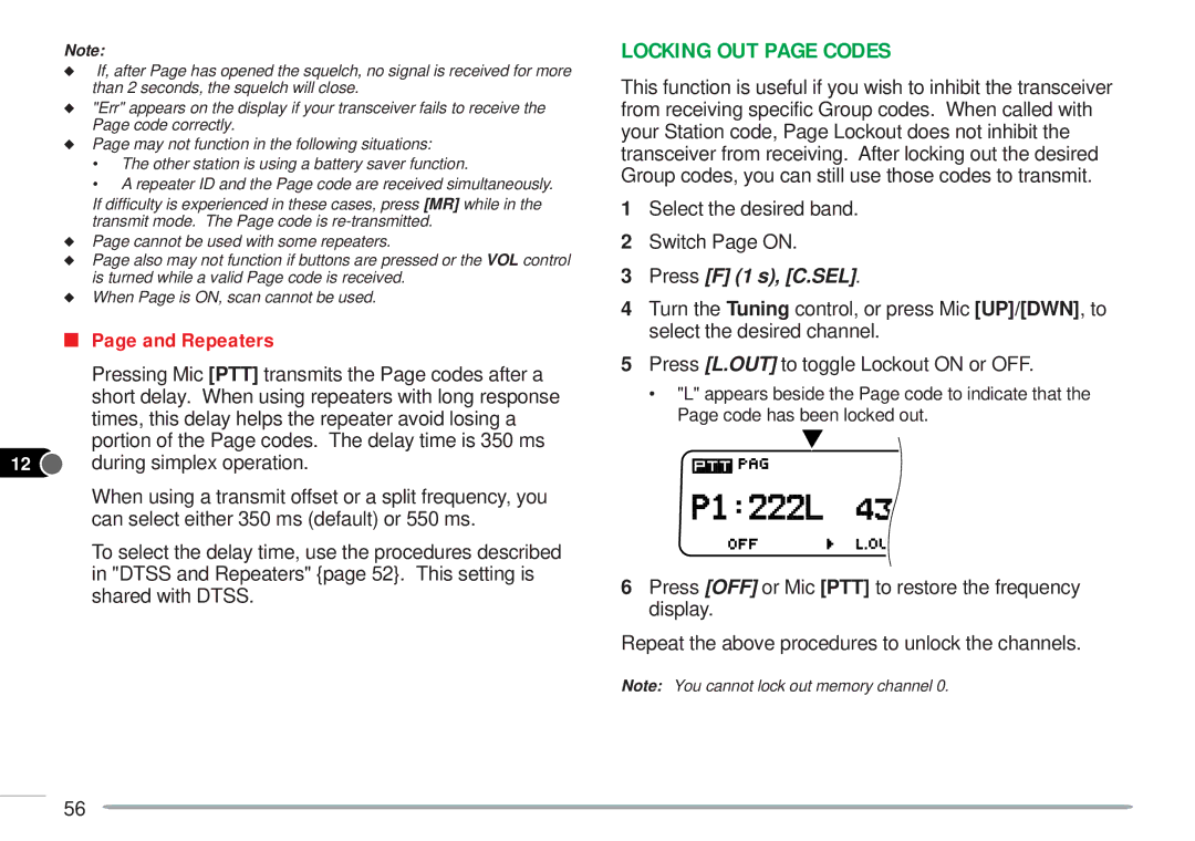 Kenwood TM-V7A instruction manual Locking OUT page Codes, Dtss and Repeaters page 52. This setting is, Shared with Dtss 